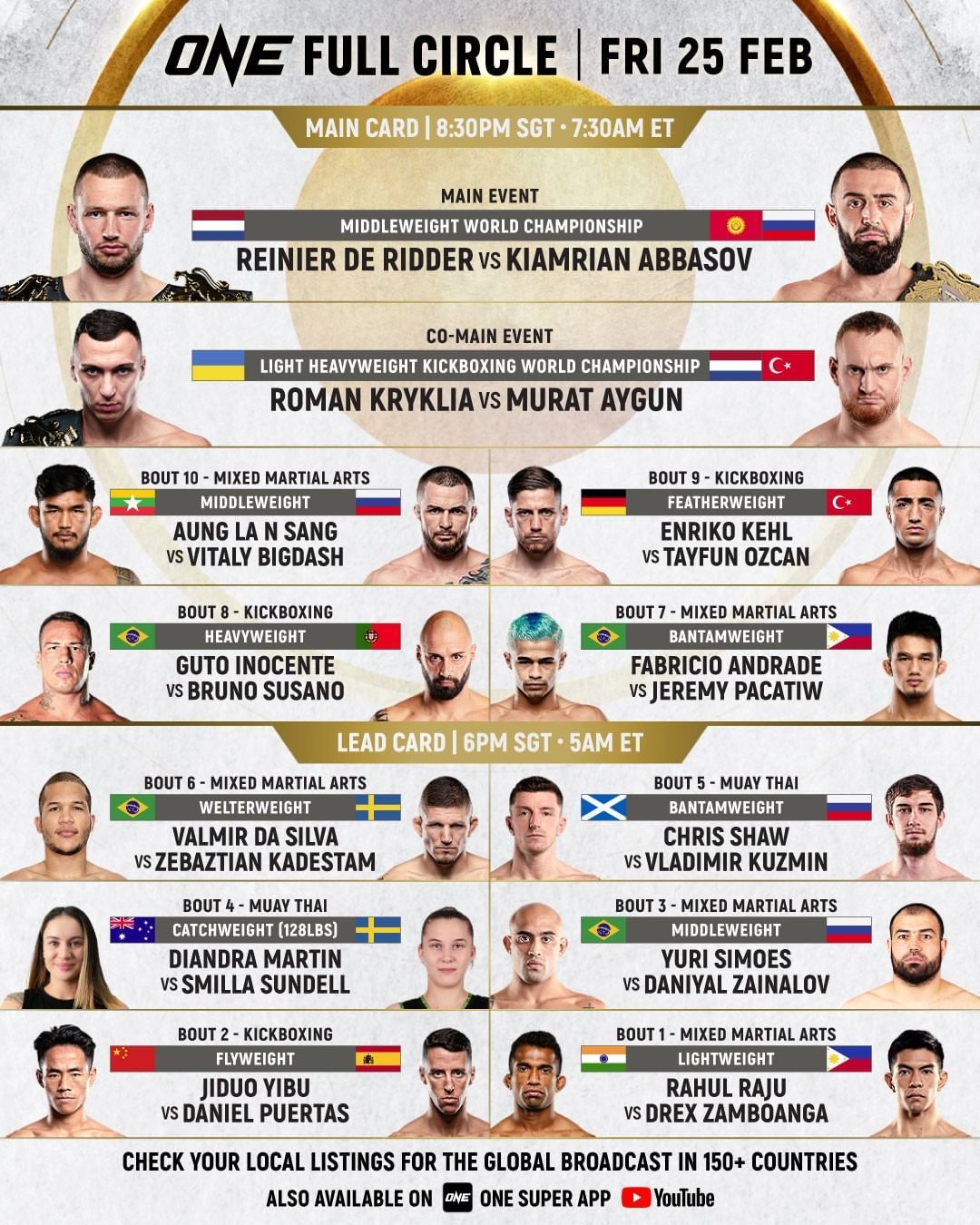 ONE Championship akan menghelat ONE: FULL CIRCLE di Singapore Indoor stadium, Jumat (25/2/2022)