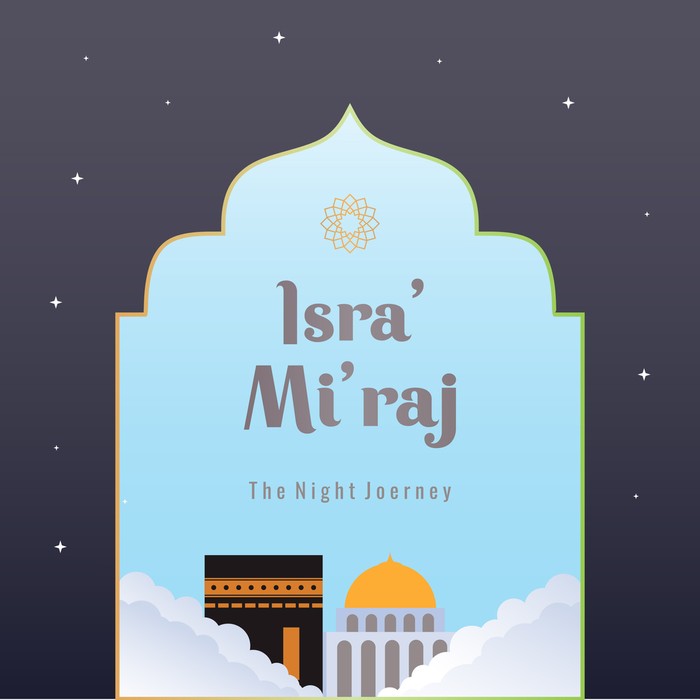 Isra and miraj greeting islamic illustration vector design. The night journey of Prophet Muhammad brochure or background template. Can be used for greeting cards. Flat cartoon style