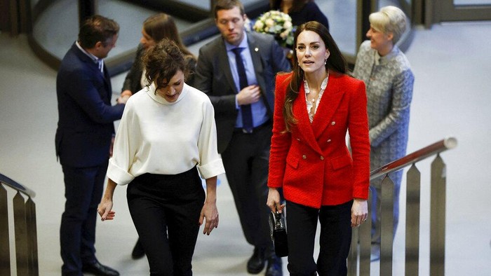 Britain's Kate, Duchess of Cambridge, right, visits the Lego Foundation PlayLab on Campus Carlsberg in Copenhagen, Tuesday, Feb. 22, 2022. Kate, Duchess of Cambridge is in Copenhagen on a two day working visit with The Royal Foundation Centre for Early Childhood. (John Sibley/Pool via AP)