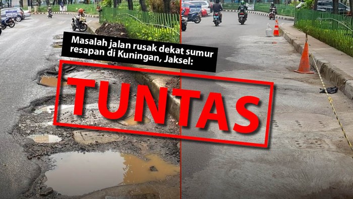Kerusakan Jl Karet Raya dekat sumur resapan di Kuningan Jaksel sudah tuntas. (Repro: Mindra Purnomo/Tim Infografis detikcom)