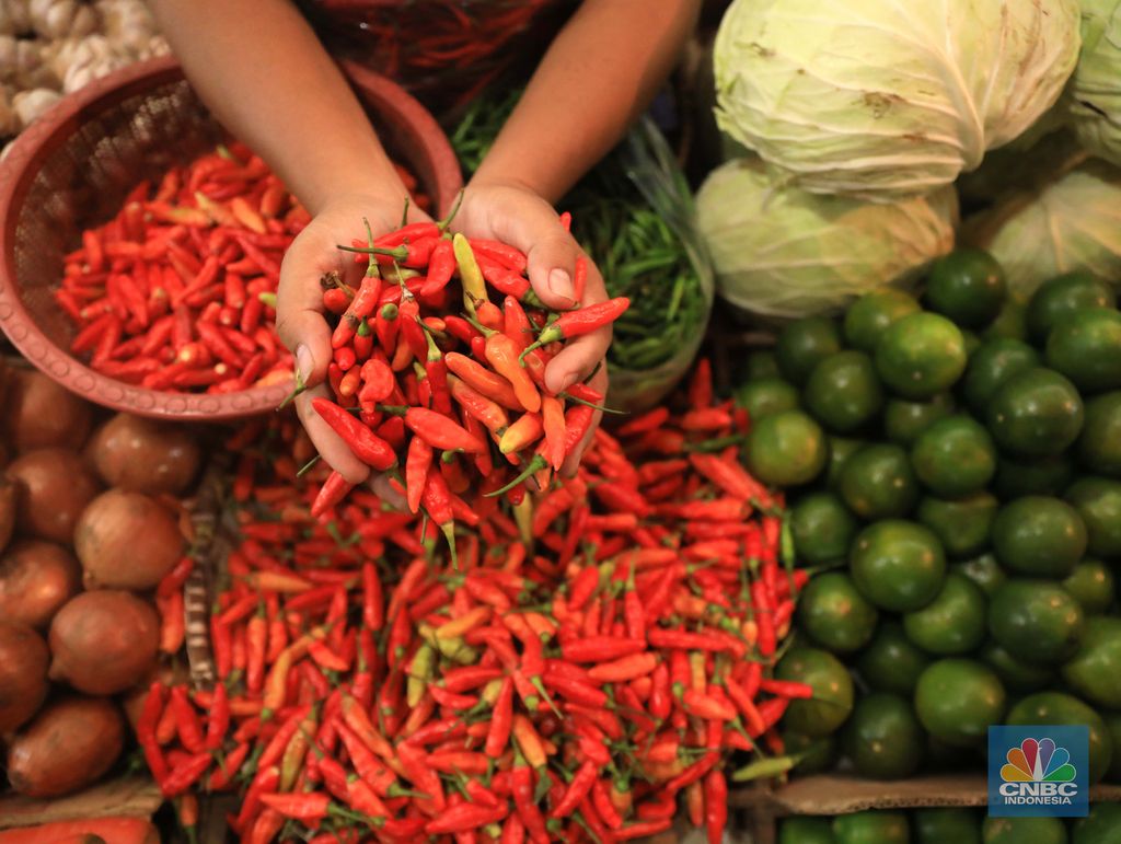 Penjual cabai rawit di Pasar Kebayoran Lama, Jakarta, Rabu (23/2/2022). (CNBC Indonesia/Muhammad Sabki)