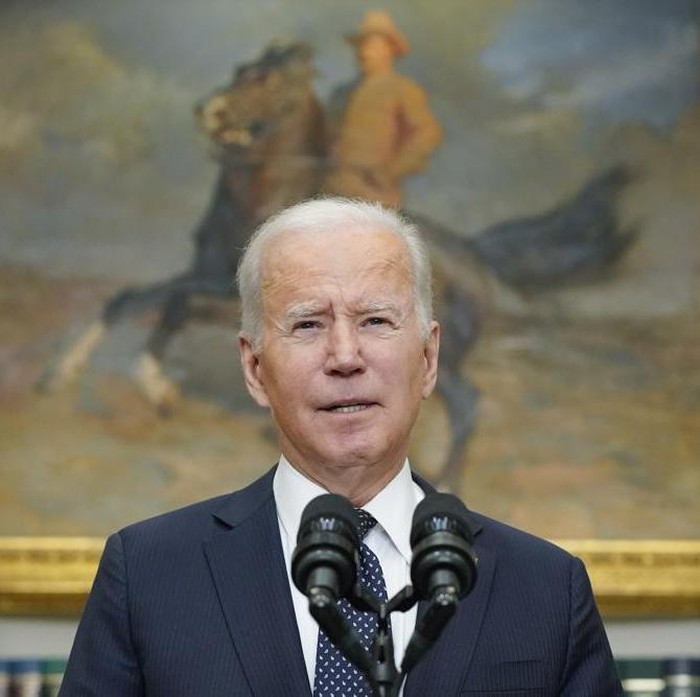 President Joe Biden speaks about Ukraine in the Roosevelt Room of the White House, Friday, Feb. 18, 2022, in Washington. (AP Photo/Alex Brandon)