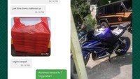 Ngojek pakai motor ninja, driver ojol ini kebingungan saat mendapat orderan makanan berporsi-porsi. Bingung cara bawa makanannya. Foto: Instagram/Facebook