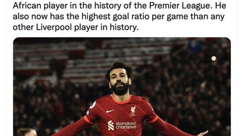 Dengan 160 gol di Liga Inggris, Mo Salah melampaui gol Didier Drogba hingga ia menjadi pemain Afrika yang paling banyak bikin gol di Liga Inggris. Foto: Twitter