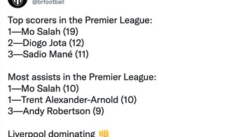 Pemain Liverpool mendominasi soal gol terbanyak dan assist terbanyak di Liga Inggris. Foto: Twitter