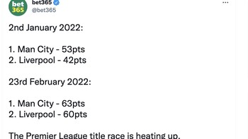 Pada 2 Januari, Liverpool terpaut jarak 11 poin dengan City dan pada 23 Februari tinggal 3 poin saja. Foto: Twitter
