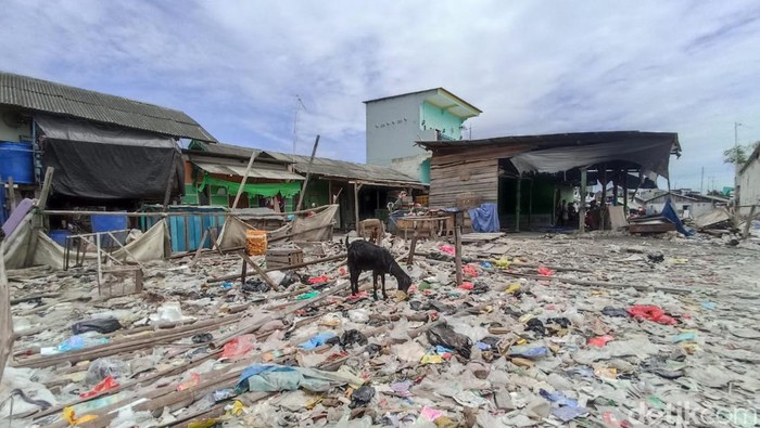 Tumpukan sampah mencemari lokasi proyek tanggul laut raksasa (giant sea wall) di Kalibaru, Cilincing, Jakut (Wildan N/detikcom)