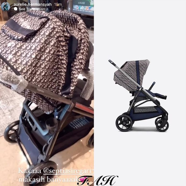Kali ini ada stroller dari Septia Siregar. Stroller berwarna coklat itu berasal dari merek ternama Dior. Tak kalah mahal, stroller yang dipenuhi dengan lambang Dior itu diperkirakan mencapai Rp 71 juta. Foto: Instagram