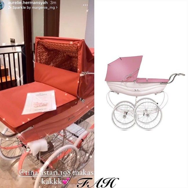Kembali mendapatkan hadiah stroller, kali ini stroller yang cukup estetik, berasal dari merek Balmoral. Stroller berwarna merah keoranyean itu dijual dengan harga yang tak tanggung-tanggung, mencapai Rp 72 juta. Foto: Instagram