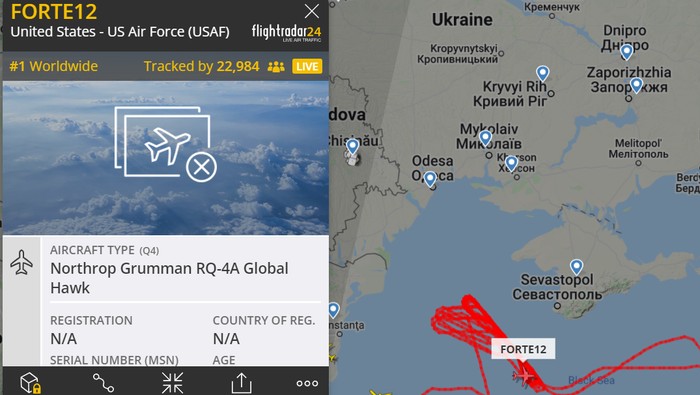 Jalur Terbang Drone Tempur AS ke Ukraina di Flightradar24