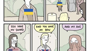 Netizen ini memajang kartun di mana Inggris, Amerika Serikat dan Uni Eropa hanya memberikan senjata dan membiarkan Ukraina berjuang sendirian. Foto: Twitter