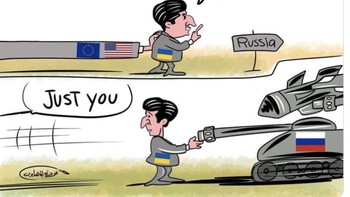 Awalnya Ukrain dan presiden Volodymyr Zelensky pede karena mendapat dukungan Uni Eropa dan Amerika Serikat, tapi kartun ini menggambarkan NATO lari ketika Rusia menyerang Ukraina. Foto: Twitter