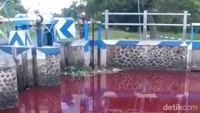 Air Sungai Mojoranu di Desa Tanggalrejo, Mojoagung, Jombang berwarna merah darah sekitar 5 jam.