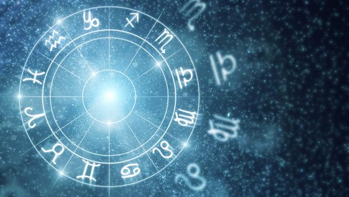 Creative glowing astrologic zodiac horoscope wallpaper. Astrology concept. 3D Rendering