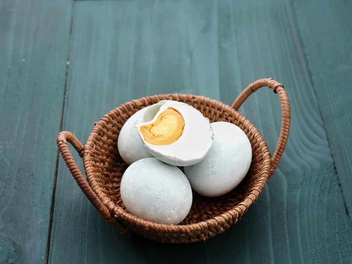 Telur asin or Salted egg. Homemade salted eggs made from duck eggs.