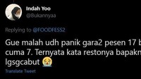Terlalu terburu-buru dan tak ingin pelanggannya menunggu, pengemudi ojol ini bikin pelanggan bingung. Memesan 17 bungkus makanan, pengemudi ojol langsung mengantarkan makanan pelanggan saat baru 7 bungkus yang disiapkan. Foto: Twitter/foodfess2