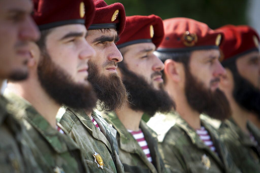 Chechnya's regional leader Ramzan Kadyrov addresses servicemen attending a review of the Chechen Republic's troops and military hardware in Grozny, the capital of the Chechen Republic, Russia, Friday, Feb. 25, 2022.  Ramzan Kadyrov said that the servicemen of the Chechen Republic are ready to carry out any order of the President of the country. (AP Photo/Musa Sadulayev)