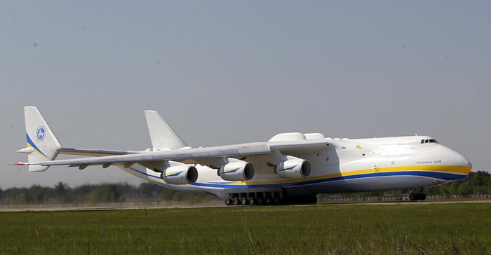 The worlds largest airplane, Ukrainian Antonov An-225 Mriya takes off at the  airport  near Hostomel near Kiev , Ukraine, Tuesday, May 10, 2016. The An-225 departed its home base at  Hostomel and flew to Prague, Czech Republic, where it will be loaded with the massive 130-tonne generator and will fly onto Perth, Australia.  (AP Photo/Sergei Chuzavkov)