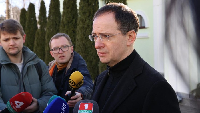 Russian presidential advisor Vladimir Medinsky, who heads the delegation of Russia at the talks with Ukraine, speaks to the media outside the talks venue in Belarus Gomel region on February 28, 2022, following the Russian invasion of Ukraine. - Belarus OUT (Photo by Sergei KHOLODILIN / BELTA / AFP) / Belarus OUT (Photo by SERGEI KHOLODILIN/BELTA/AFP via Getty Images)
