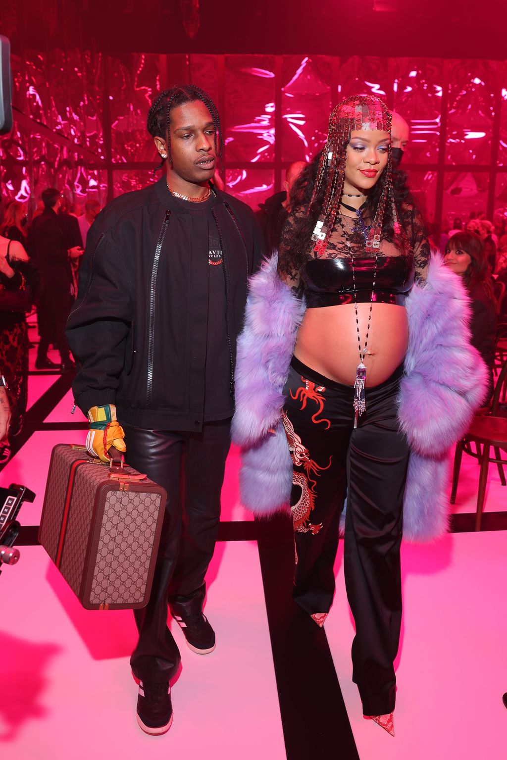 MILAN, ITALY - FEBRUARY 25: Asap Rocky and Rihanna are seen at the Gucci show during Milan Fashion Week Fall/Winter 2022/23 on February 25, 2022 in Milan, Italy. (Photo by Jacopo M. Raule/Getty Images for Gucci)