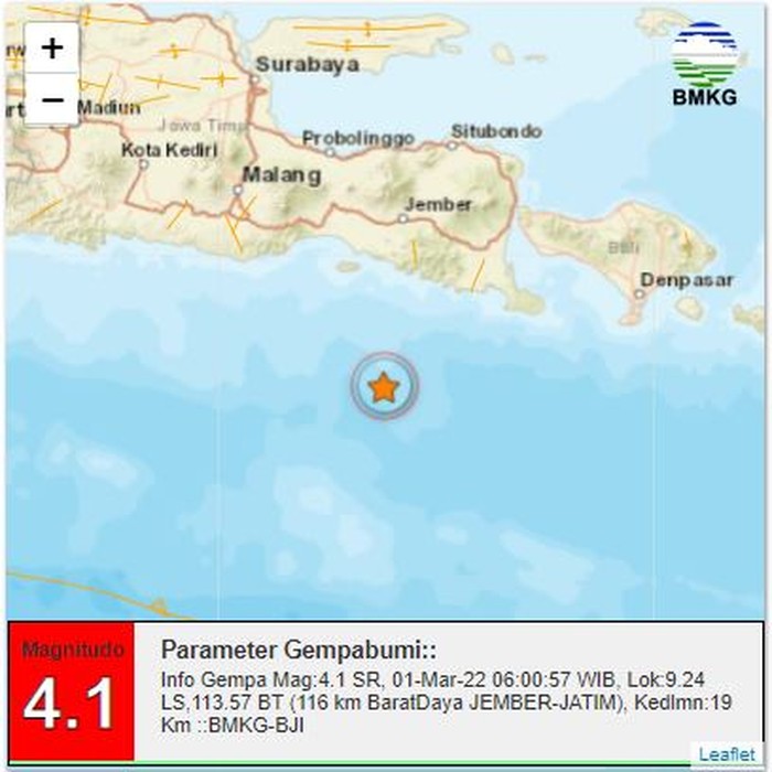 Info Gempa Mag:4.1 Jember