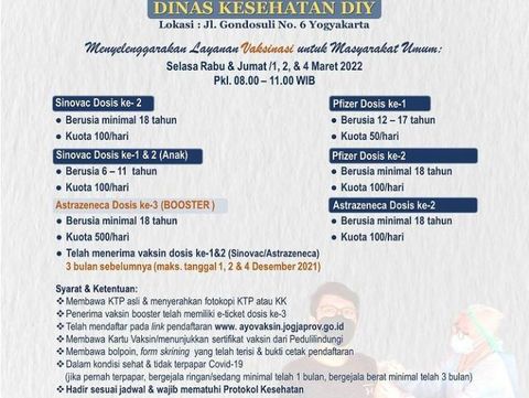 Jadwal vaksin DIY, Selasa (1/3/2022).