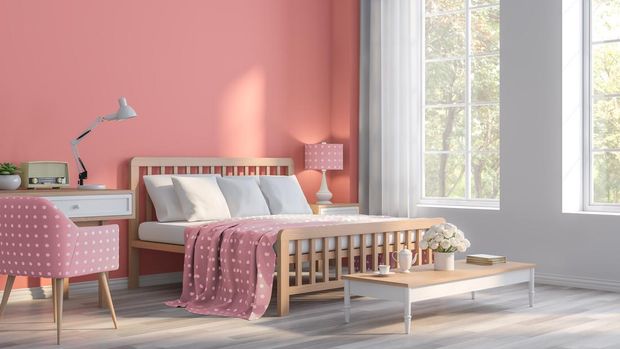 Coral pink bedroom with nature view 3d render,The rooms have  wooden floors and Coral pink empty walls,Furnished with pink fabric furniture,There are large window sunlight shining into the room.