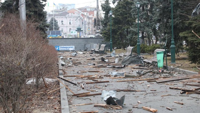 A view shows the area near the regional administration building, which city officials said was damaged by a missile, in central Kharkiv, Ukraine, March 1, 2022. REUTERS/Vyacheslav Madiyevskyy