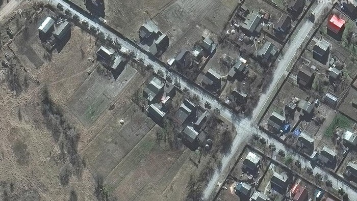A satellite image shows northern end of convoy logistics and resupply vehicles, southeast of Ivankiv, Ukraine, February 28, 2022. Satellite image ©2022 Maxar Technologies/Handout via REUTERS THIS IMAGE HAS BEEN SUPPLIED BY A THIRD PARTY. NO RESALES. NO ARCHIVES. MANDATORY CREDIT. DO NOT OBSCURE LOGO