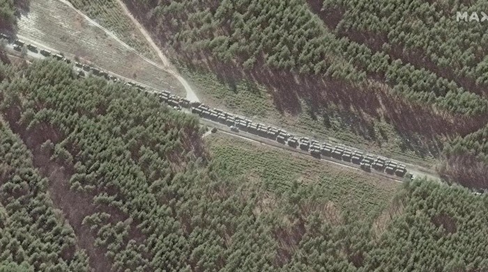 A satellite image shows northern end of convoy logistics and resupply vehicles, southeast of Ivankiv, Ukraine, February 28, 2022. Satellite image ©2022 Maxar Technologies/Handout via REUTERS THIS IMAGE HAS BEEN SUPPLIED BY A THIRD PARTY. NO RESALES. NO ARCHIVES. MANDATORY CREDIT. DO NOT OBSCURE LOGO