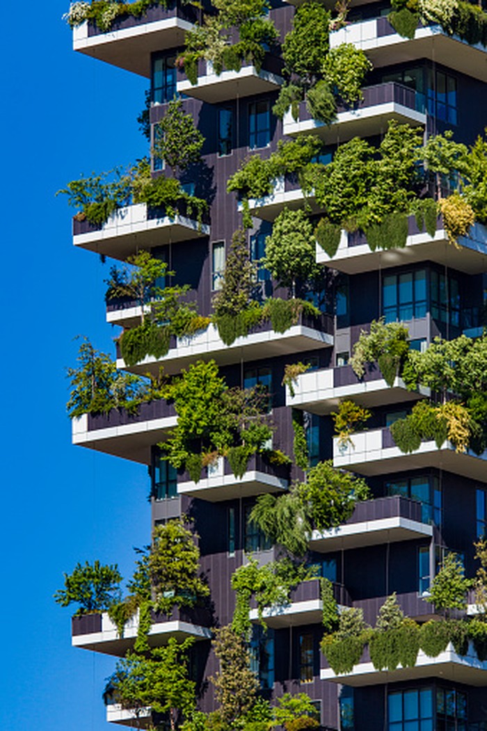 Detail of the Bosco Verticale in Milan, Italy. It is a pair of residential towers in the Porta Nuova district of Milan that host more than 900 trees.