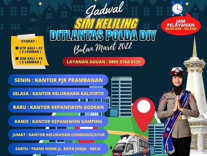 Jadwal SIM keliling Polda DIY bulan Maret 2022.