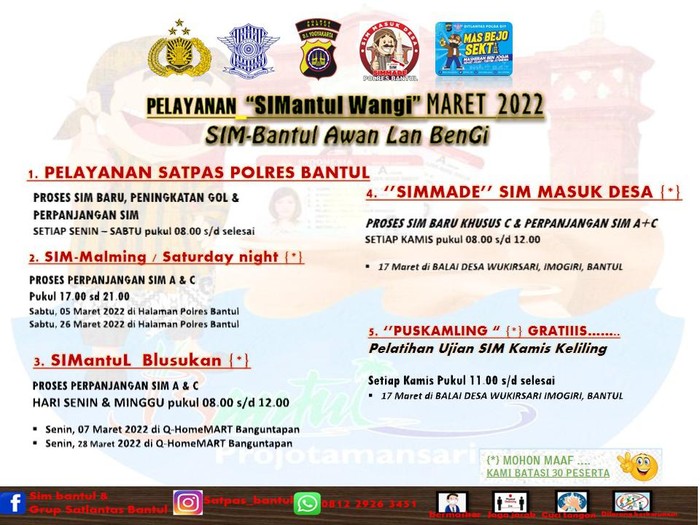Pengumuman layanan SIM-Bantul Awan Lan Bengi (SIMantul Wangi) bulan Maret 2022.