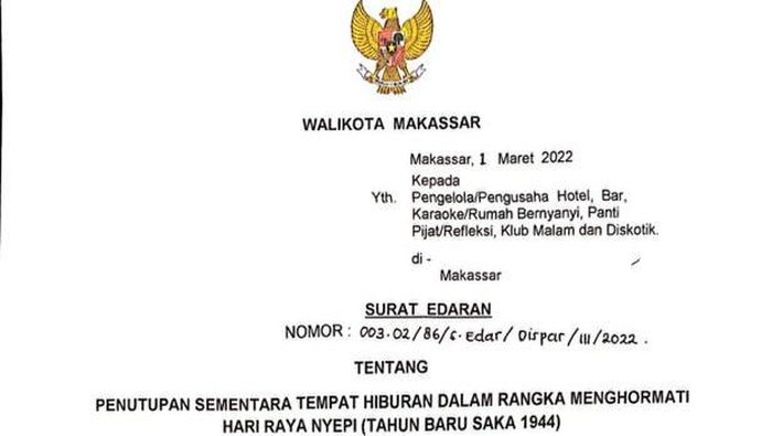 Surat Edaran Pemkot Makassar di tengah Hari Raya Nyepi.