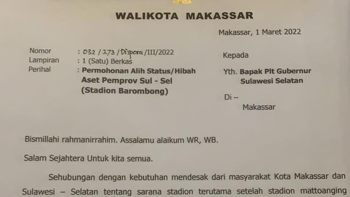 Surat Pemkot Makassar perihal permohonan hibah aset Stadion Barombong.