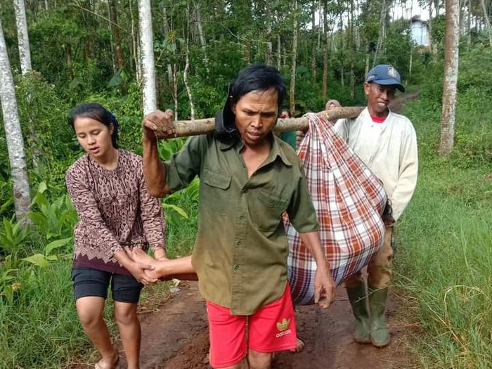 Video viral ibu hamil ditandu di jalan rusak.