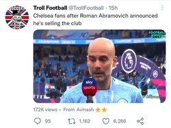 Fans Chelsea banyak yang sedih soal rencana penjualan Chelsea oleh Abramovich. Pasti banyak yang nangis, seperti Guardiola di laga terakhir Man City musim lalu, nangis sesegukan saat bicara Aguero. (Foto: @TrollFootball)