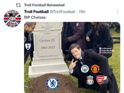 Ditinggal Abramovich disebut menjadi akhir kiprah Chelsea di papan atas sepakbola Inggris. Liverpool, Manchester United, Manchester City, dan Arsenal pasti senang, nih. (Foto: Twitter @TrollFootball)
