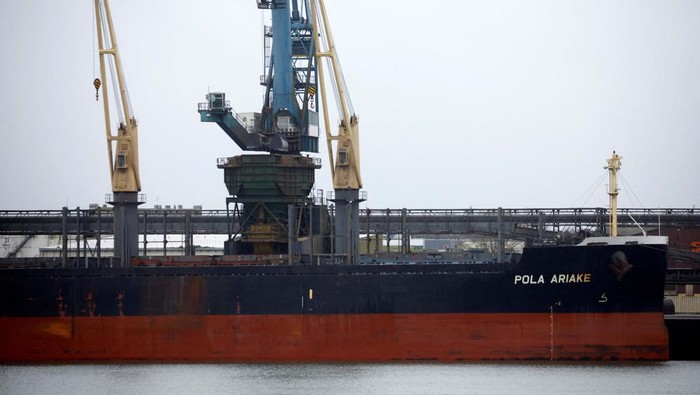 A view shows the cargo ship Pola Ariake, which officials have linked to Russian ownership, seized by customs officials in the Port of Lorient following sanctions imposed against Russia after Russia’s invasion of Ukraine, France, March 3, 2022. REUTERS/Stephane Mahe