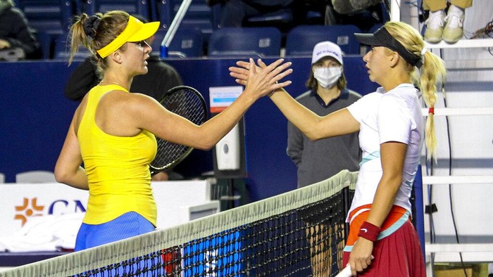 Elina Svitolina of Ukraine plays against Anastasia Potapova of Russia during their match at the Abierto de Monterrey tennis tournament in Monterrey, Mexico, Tuesday, March 1, 2022. (AP Photo)