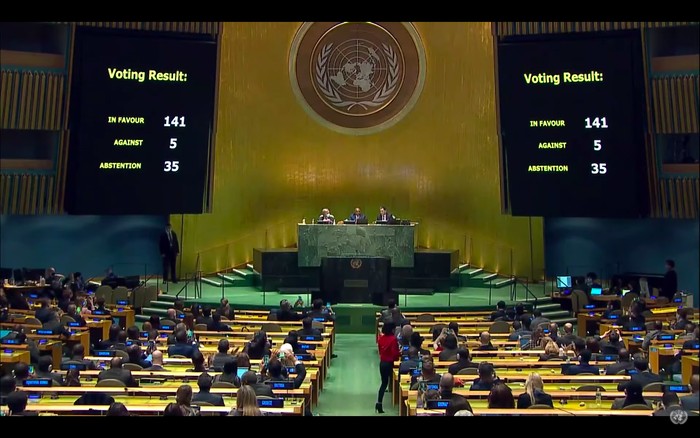 Sidang Majelis Umum PBB Sesi Khusus Darurat (Emergency Special Session), di Markas Besar PBB, New York, Amerika Serikat, Rabu (2/3) waktu setempat. (Kanal YouTube United Nations)