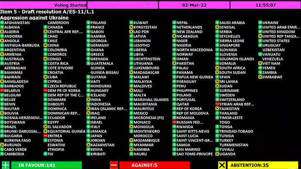 Sidang Majelis Umum PBB Sesi Khusus Darurat (Emergency Special Session), di Markas Besar PBB, New York, Amerika Serikat, Rabu (2/3) waktu setempat. (Kanal YouTube United Nations) Sidang Majelis Umum PBB Sesi Khusus Darurat (Emergency Special Session), di Markas Besar PBB, New York, Amerika Serikat, Rabu (2/3) waktu setempat. (Kanal YouTube United Nations)