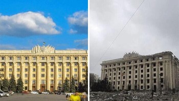 Sebelum dan sesudah invasi di wilayah Kharkiv. Foto: Boredpanda