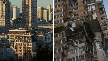 Banguan di Kyiv sebelum dan sesudah invasi. Foto: Boredpanda