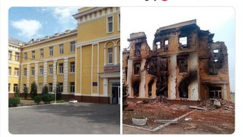 Foto bangunan sekolah di Kharkiv yang hancur. Foto: Boredpanda