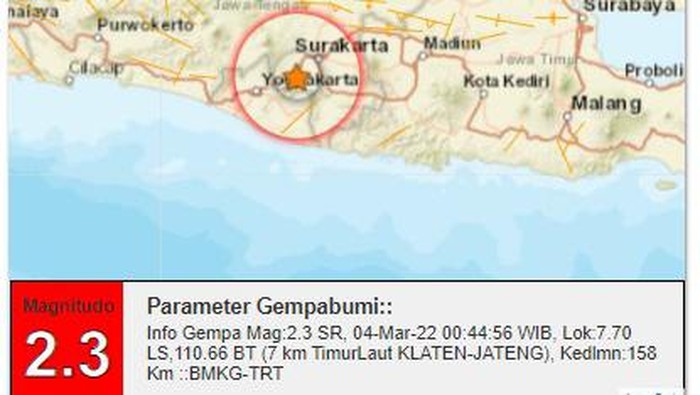 Gempa bumi M 2,3 di Klaten, Jumat (4/3/2022).