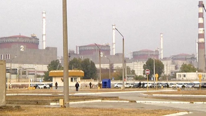 This image made from a video released by Zaporizhzhia nuclear power plant shows bright flaring object landing in grounds of the nuclear plant in Enerhodar, Ukraine Friday, March 4, 2022. Russian forces shelled Europe’s largest nuclear plant early Friday, sparking a fire as they pressed their attack on a crucial energy-producing Ukrainian city and gained ground in their bid to cut off the country from the sea. (Zaporizhzhia nuclear power plant via AP)