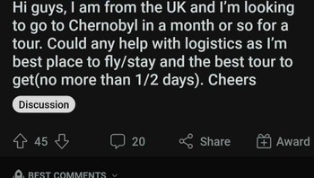 Orang ini mau ke Chernobyl lalu diingatkan karena ada ketegangan antara Rusia dan Ukraina. Hi Guys, aku dari Inggris dan mau pergi ke Chernobyl sebulan lagi untuk tur. Ada yang bisa bantu logistik? Eh malah menyebut orang yang mengingatkan sebagai troll. Padahal peringatan itu benar, perang telah berkecamuk. Foto: Unknown_769802773 via Bored Panda