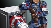 Superhero Captain America yang terkenal dengan kekuatannya, rupanya paling hobi cuci piring ketika sedang berlibur dari masa tugasnya. Foto: Instagram @dragonartebr.official