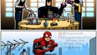 Ini perbedaan antara Batman dan Spiderman jika sedang makan. Batman yang kaya raya makan di restoran mewah, sementara Spiderman yang hanya mahasiswa makan di atas atap. Foto: Instagram @dragonartebr.official